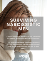 Woman with text overlay about surviving narcissistic men and a guide by Vagigi.