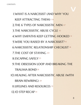 Table of contents for an online guide on narcissistic behavior.